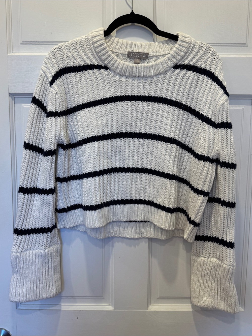 J.Crew White Black Striped Chunky Cotton Sweater M Coastal Fisherman Nautical